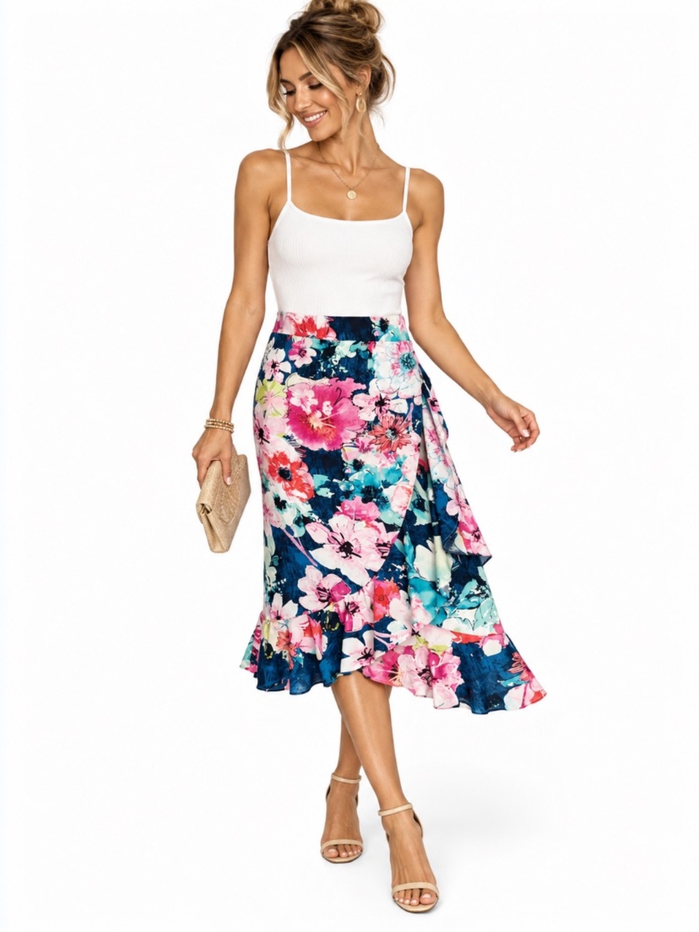 Retrology NEW Floral Ruffle Wrap Midi Skirt Navy Pink Romantic Feminine Size L